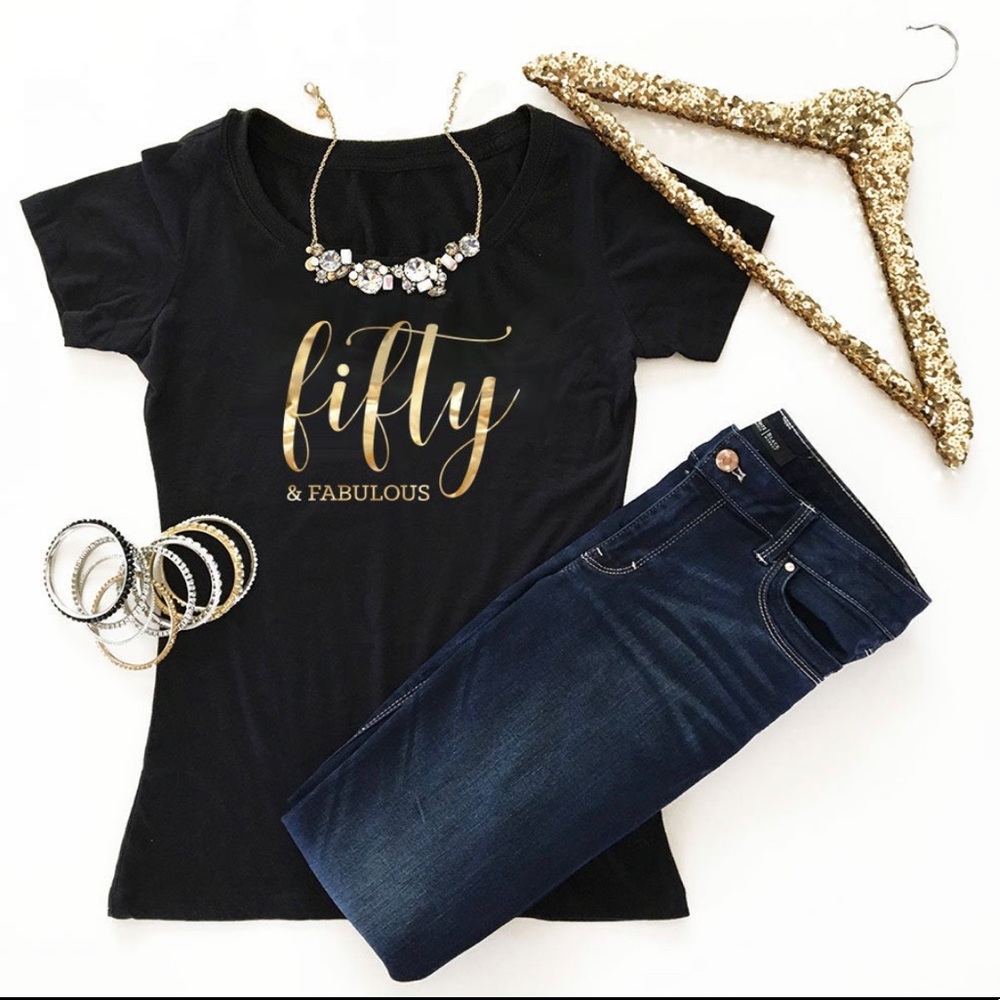 Event Blossom Tee with Fifty and Fabulous Rose Gold Foil Logo Size XL